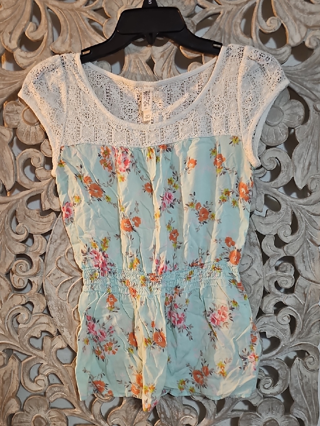 Floral Lace Yoke Summer Romper In Light Aqua